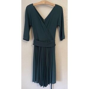 BCBGMAXAZRIA Women's Green V-Neck Wrap Front Pleated‎ Midi Dress Belted XXS